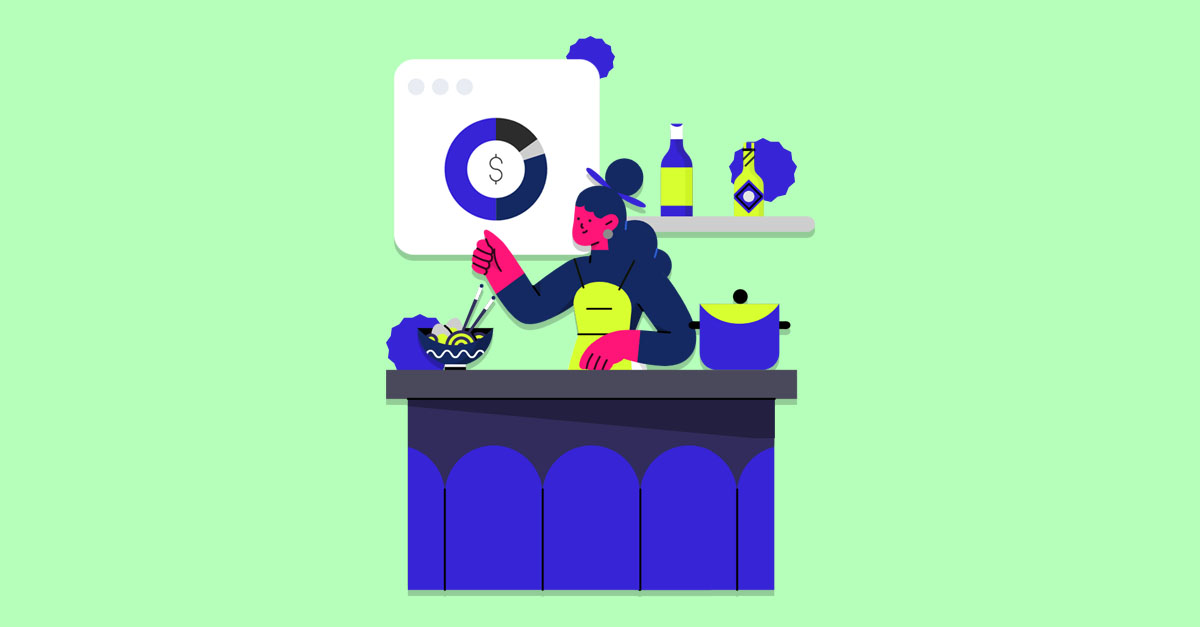 Ilustração de mulher cozinhando em uma cozinha moderna