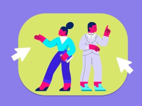 Ilustração de casal com poses diferentes em fundo colorido