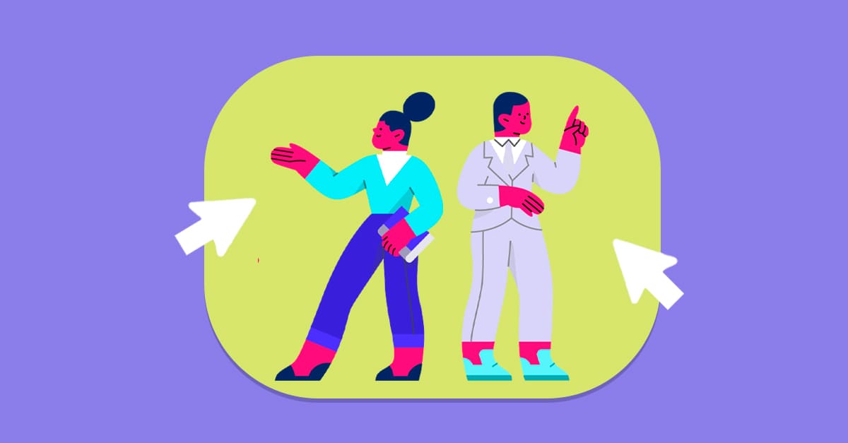 Ilustração de casal com poses diferentes em fundo colorido