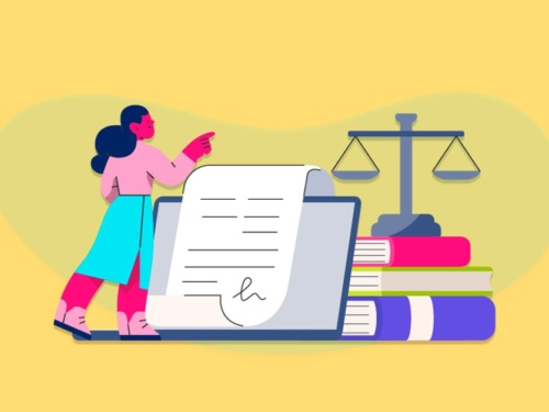 Ilustração de estudo jurídico com livros e balança