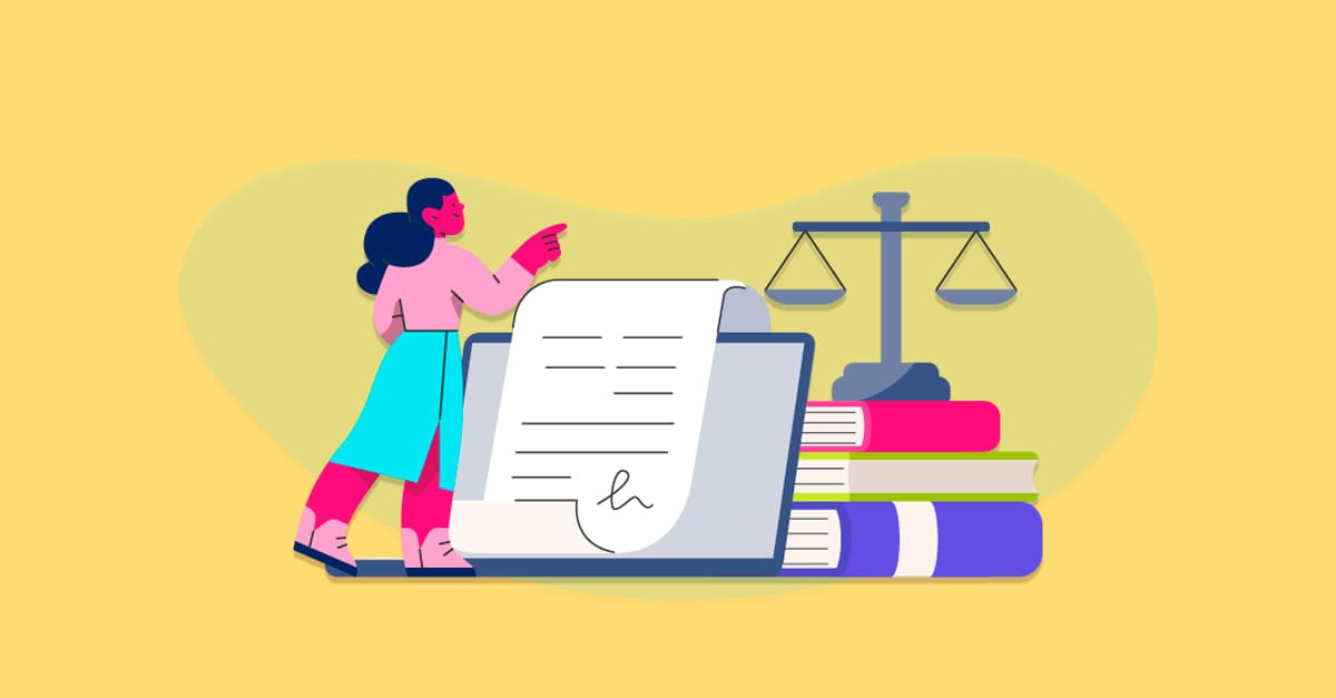 Ilustração de estudo jurídico com livros e balança