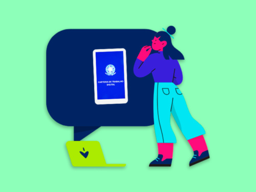 Ilustração de mulher com celular e computador.