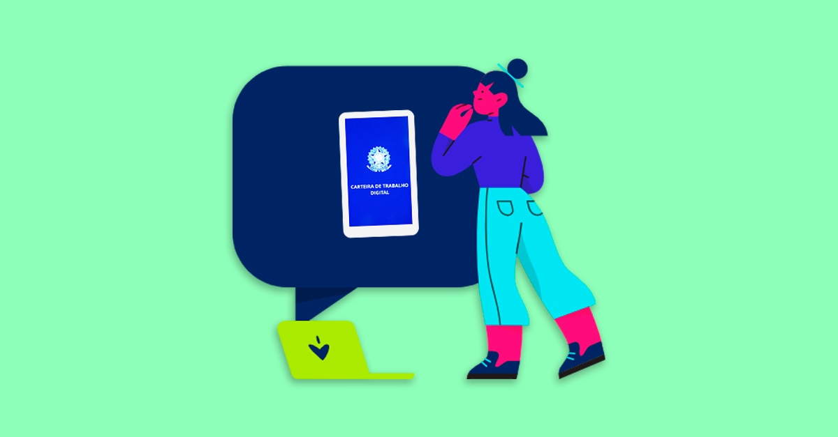 Ilustração de mulher com celular e computador.