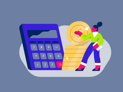 Pessoa usando calculadora com moedas empilhadas