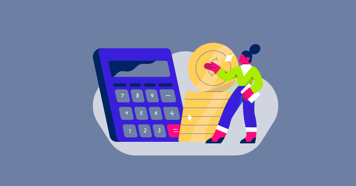 Pessoa usando calculadora com moedas empilhadas