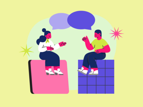 duas pessoas conversando com balões de diálogo