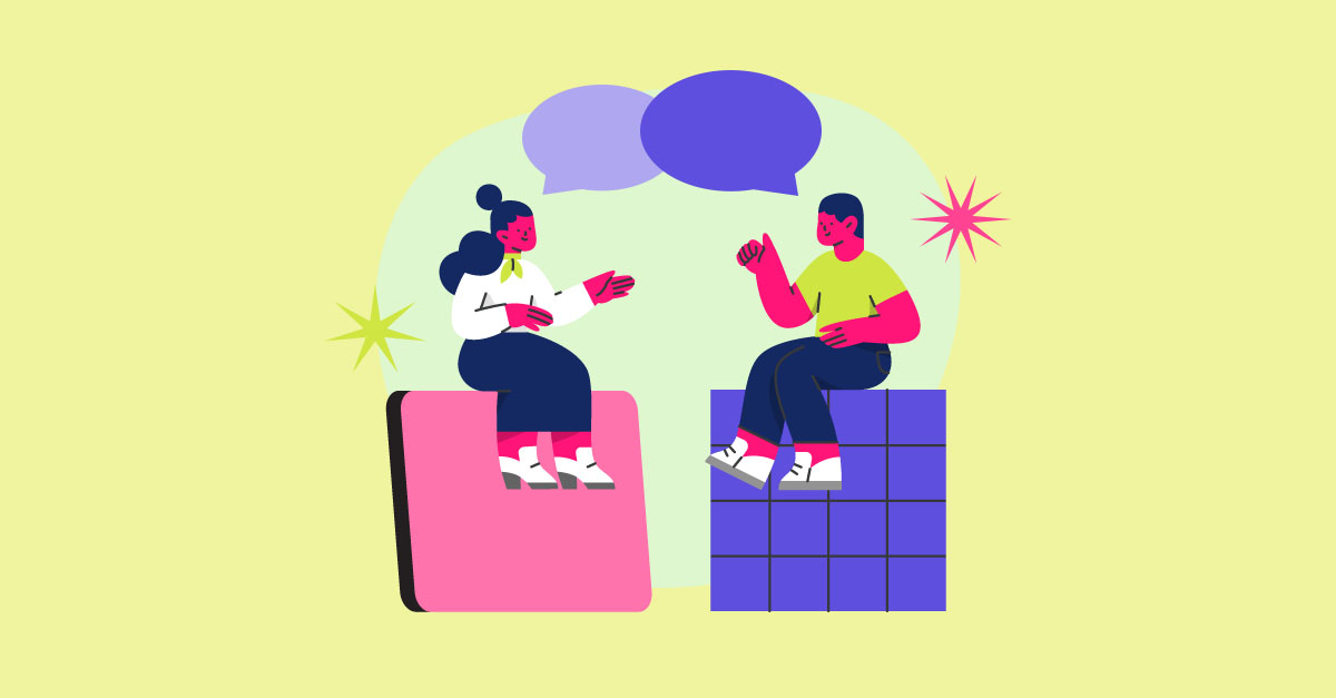 duas pessoas conversando com balões de diálogo