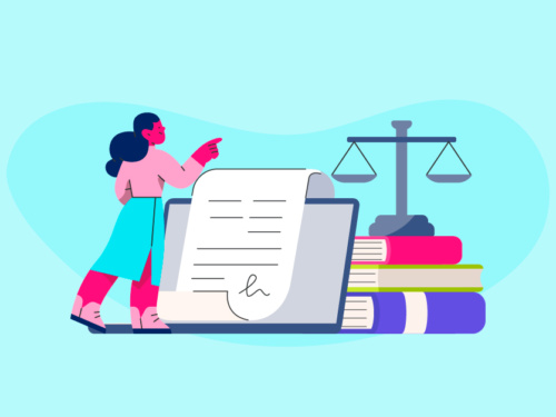Ilustração de mulher com documentos e balança da justiça.