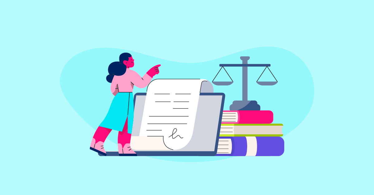 Ilustração de mulher com documentos e balança da justiça.