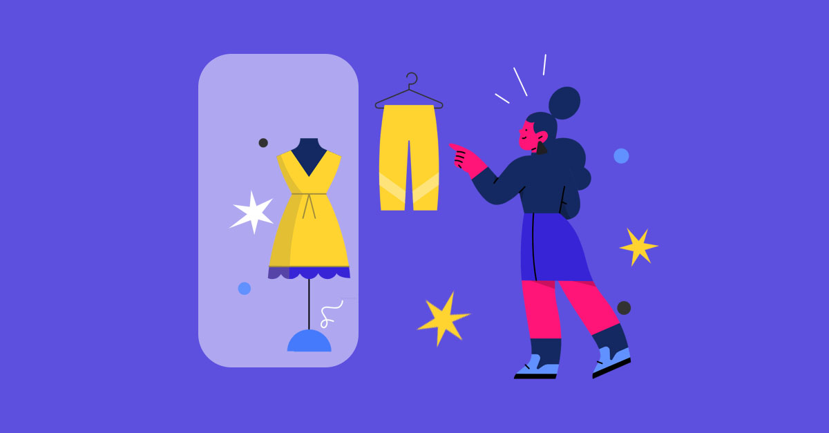 Ilustração de mulher escolhendo roupas coloridas