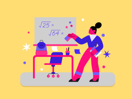 Ilustração de professora resolvendo equações no quadro