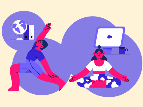 Ilustração de yoga e trabalho remoto em casa.