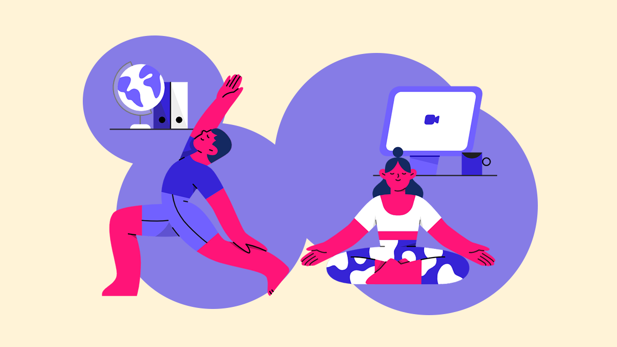 Ilustração de yoga e trabalho remoto em casa.
