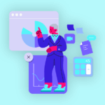 Homem apresentando gráficos e dados em ambiente digital.