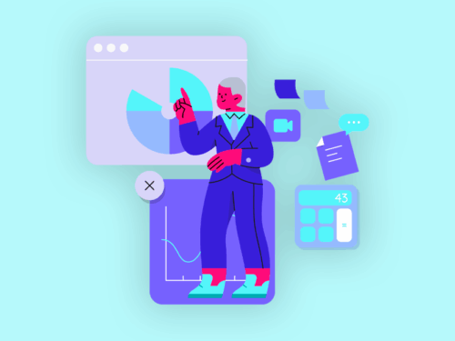 Homem apresentando gráficos e dados em ambiente digital.