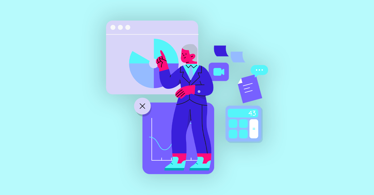Homem apresentando gráficos e dados em ambiente digital.