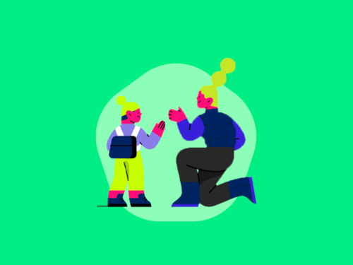 Ilustração de duas pessoas interagindo em fundo verde.