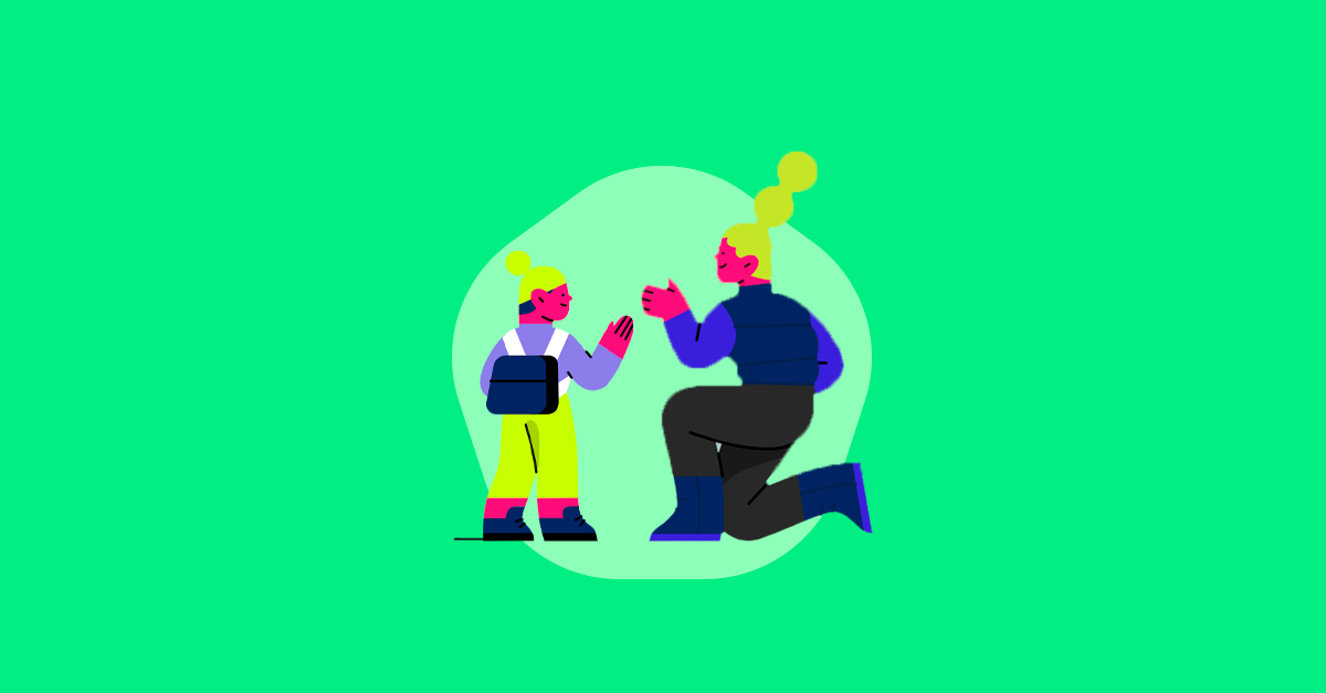 Ilustração de duas pessoas interagindo em fundo verde.