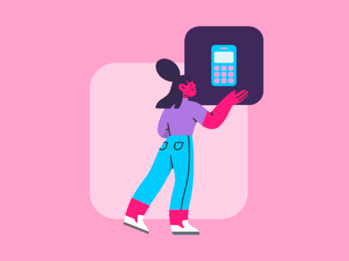 Ilustração de mulher interagindo com um celular