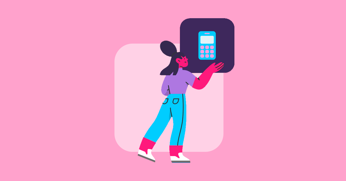 Ilustração de mulher interagindo com um celular