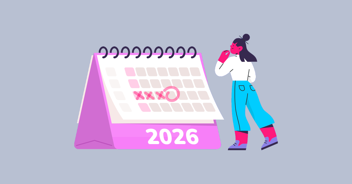 Calendário de 2026 com uma pessoa pensando
