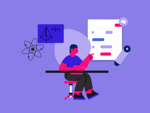 Ilustração de estudante estudando com elementos gráficos.