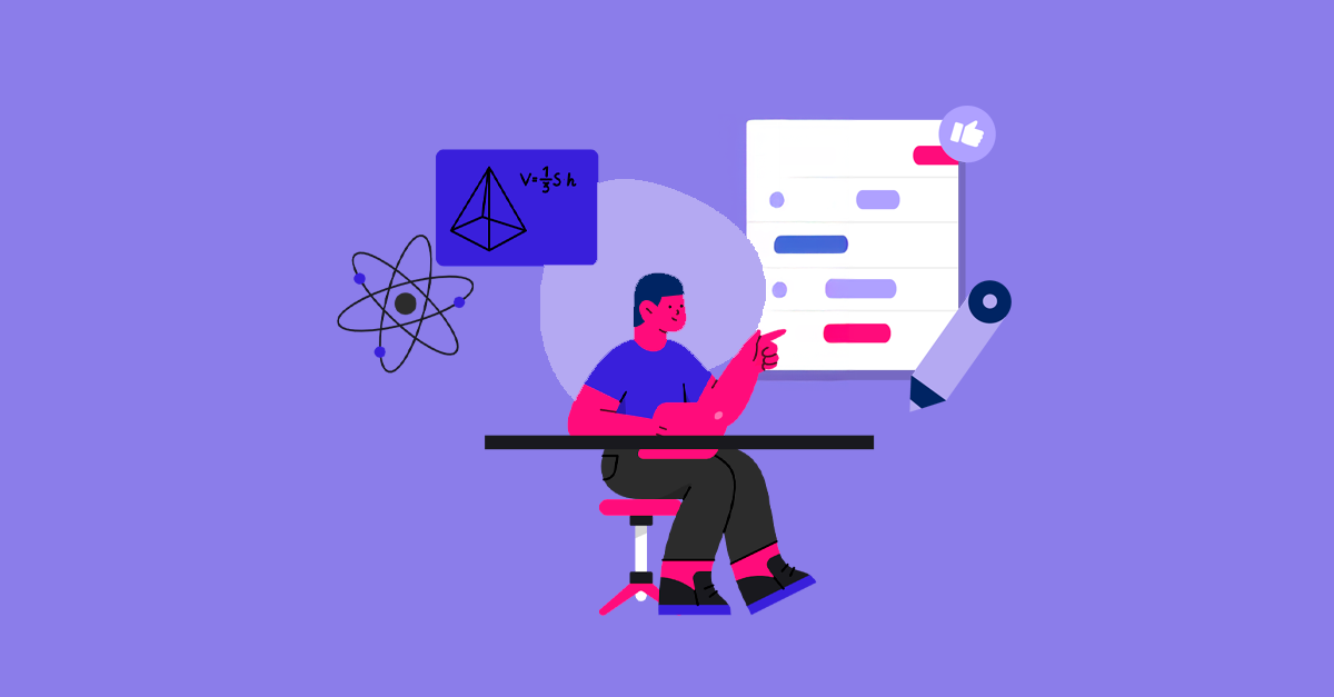 Ilustração de estudante estudando com elementos gráficos.