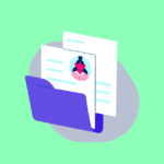 Ilustração de um arquivo com documentos e retrato.
