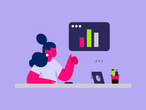 Ilustração de mulher feliz analisando gráficos.