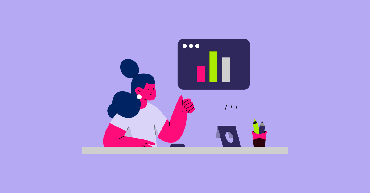 Ilustração de mulher feliz analisando gráficos.