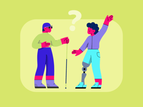 Ilustração de pessoas com deficiência interagindo.