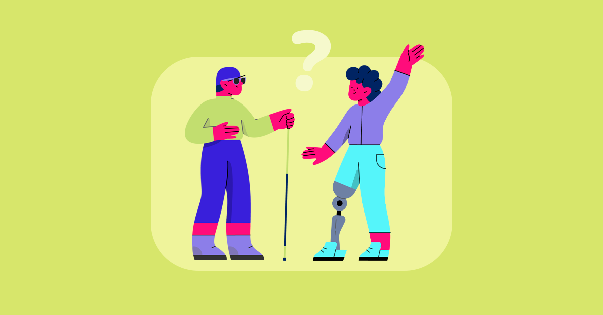 Ilustração de pessoas com deficiência interagindo.