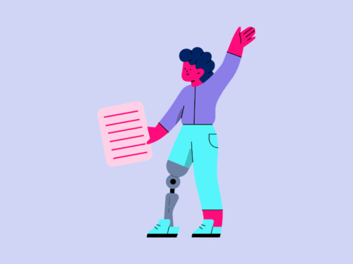 Ilustração de pessoa com perna protética e documento.