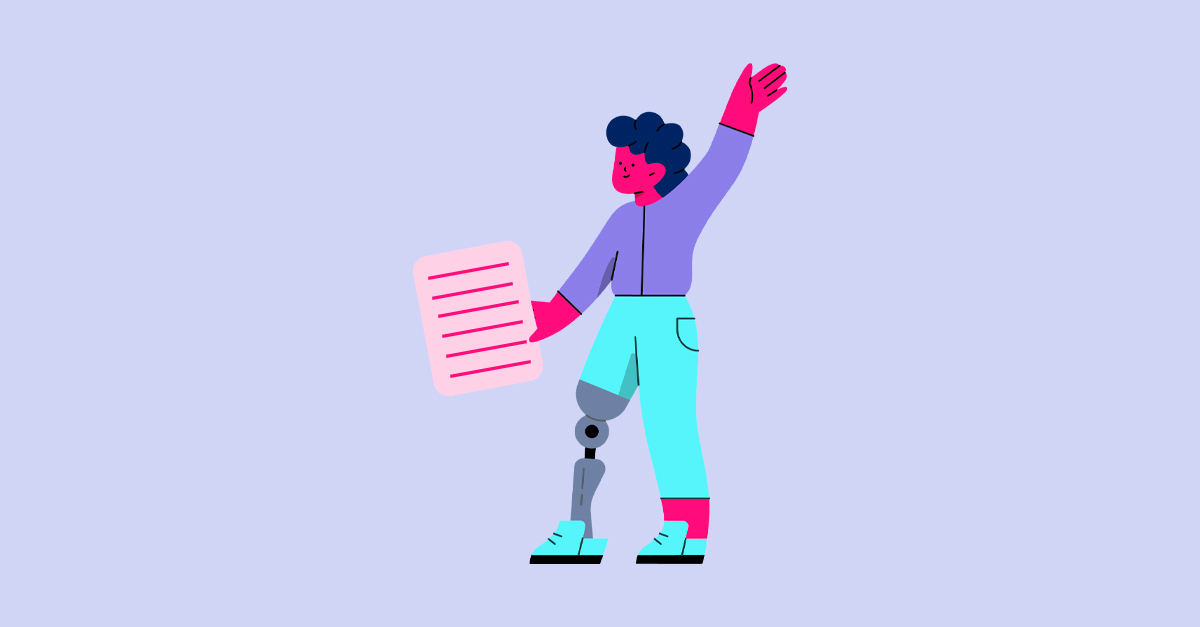 Ilustração de pessoa com perna protética e documento.