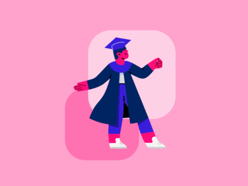 Ilustração de um estudante se formando com capelo.