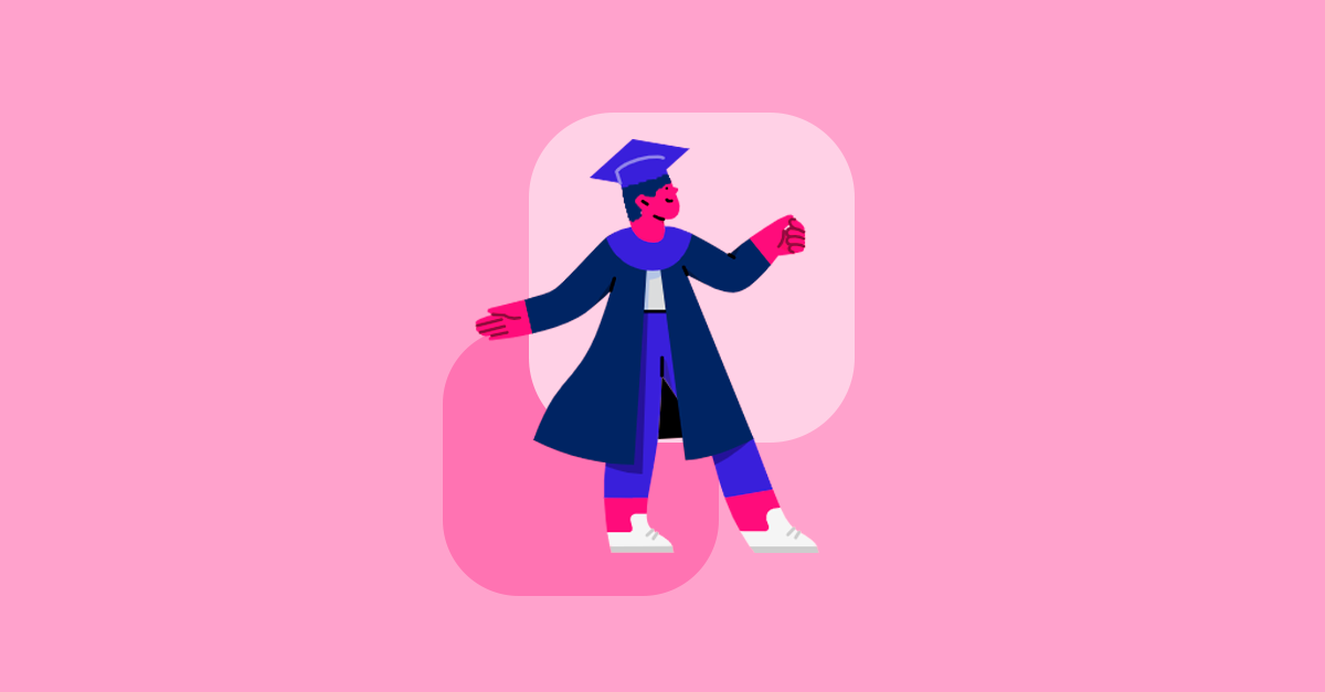 Ilustração de um estudante se formando com capelo.