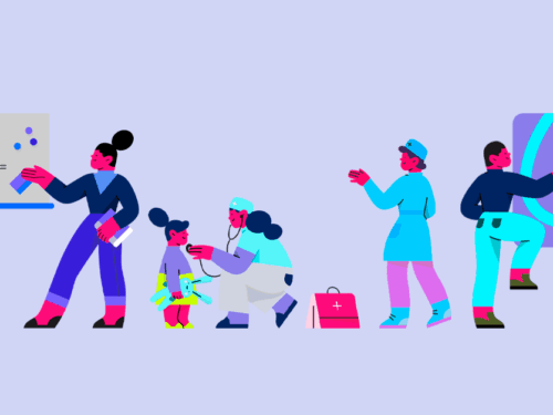Ilustração de profissionais e crianças aprendendo