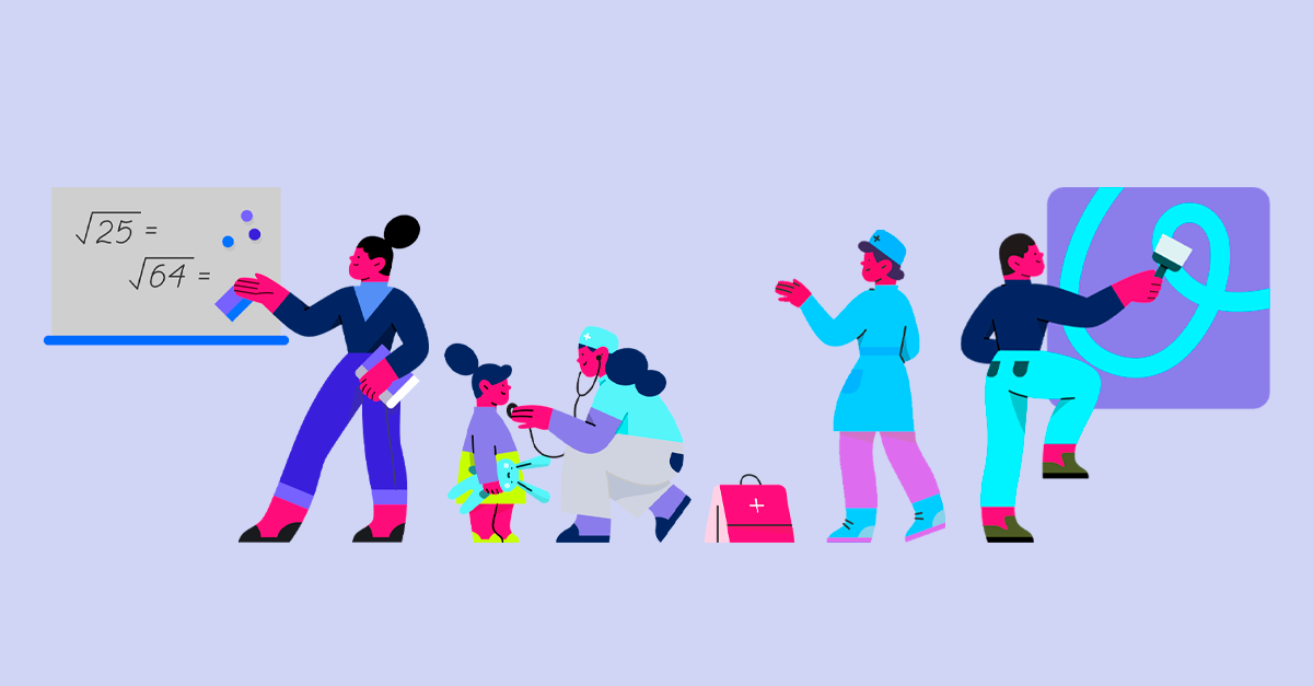 Ilustração de profissionais e crianças aprendendo