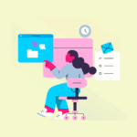 Ilustração de uma mulher sentada em uma cadeira de escritório, interagindo com ícones flutuantes de pastas, documentos, e-mail e uma lista de tarefas.