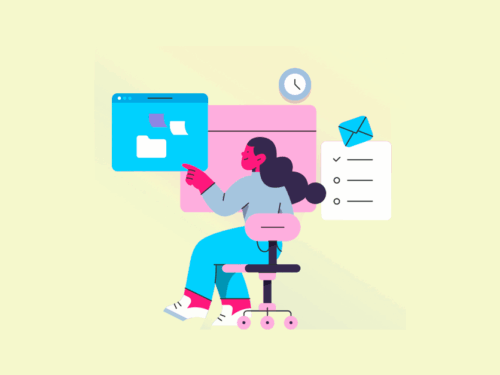 Ilustração de uma mulher sentada em uma cadeira de escritório, interagindo com ícones flutuantes de pastas, documentos, e-mail e uma lista de tarefas.