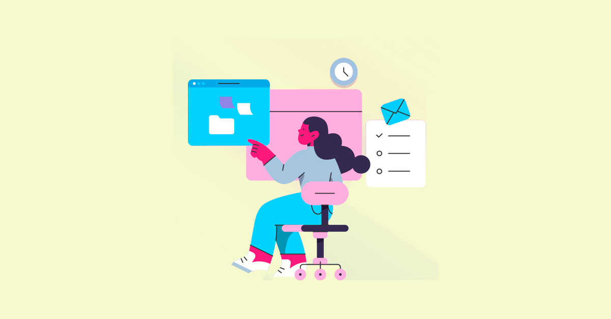 Ilustração de uma mulher sentada em uma cadeira de escritório, interagindo com ícones flutuantes de pastas, documentos, e-mail e uma lista de tarefas.