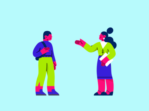 Ilustração de duas pessoas conversando em fundo claro