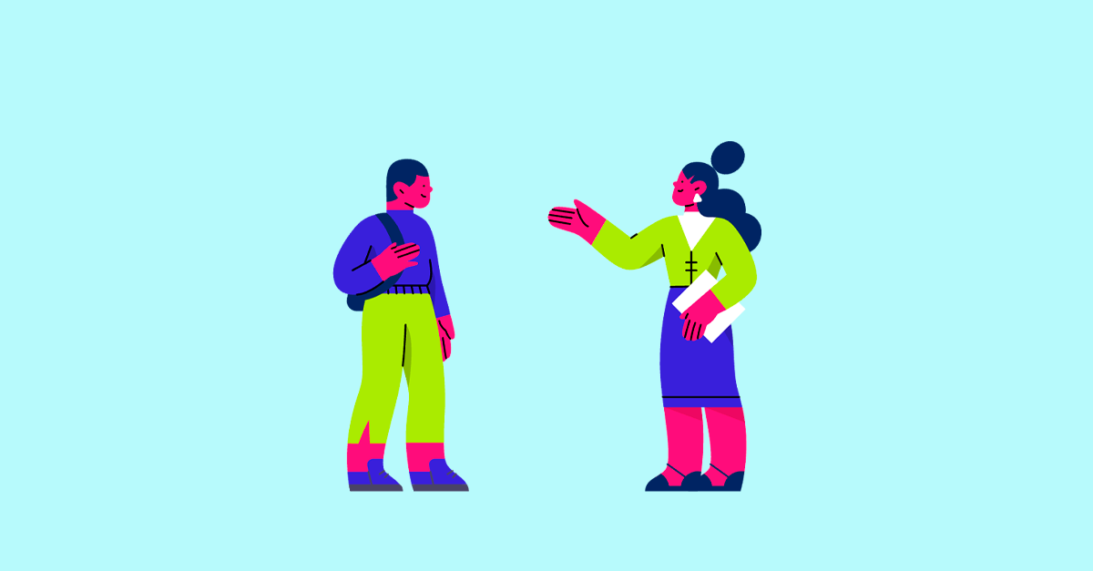 Ilustração de duas pessoas conversando em fundo claro