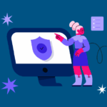 Ilustração de mulher apontando para computador com símbolo de segurança.