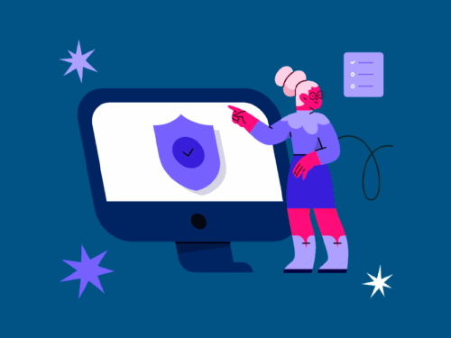 Ilustração de mulher apontando para computador com símbolo de segurança.