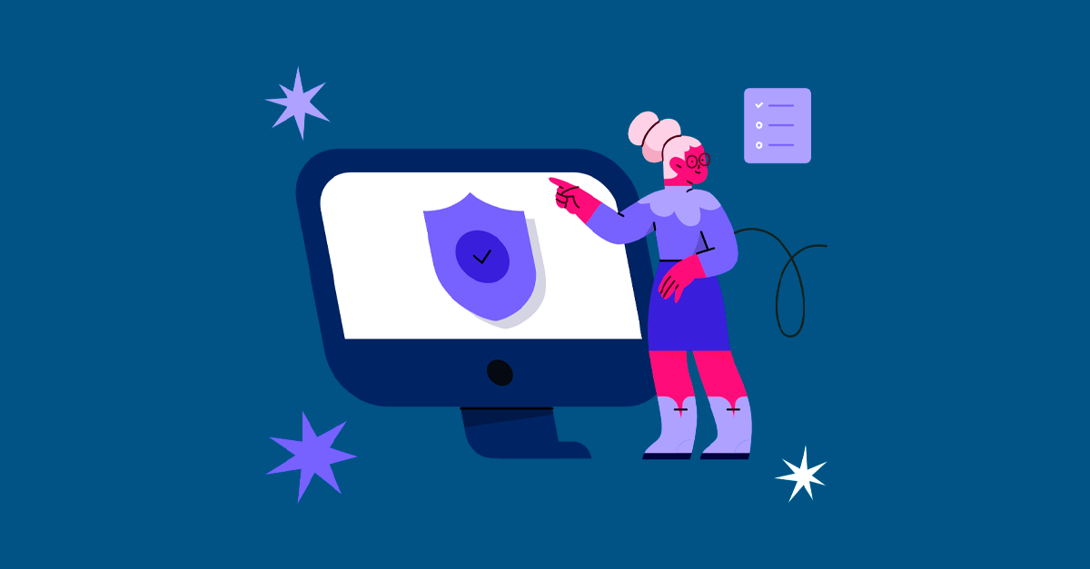 Ilustração de mulher apontando para computador com símbolo de segurança.