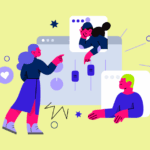Ilustração de pessoas interagindo online com controle visual.