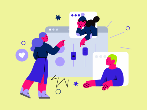 Ilustração de pessoas interagindo online com controle visual.