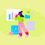 Mulher analisando gráficos e dados em um ambiente digital.