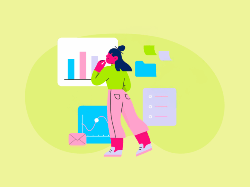 Mulher analisando gráficos e dados em um ambiente digital.